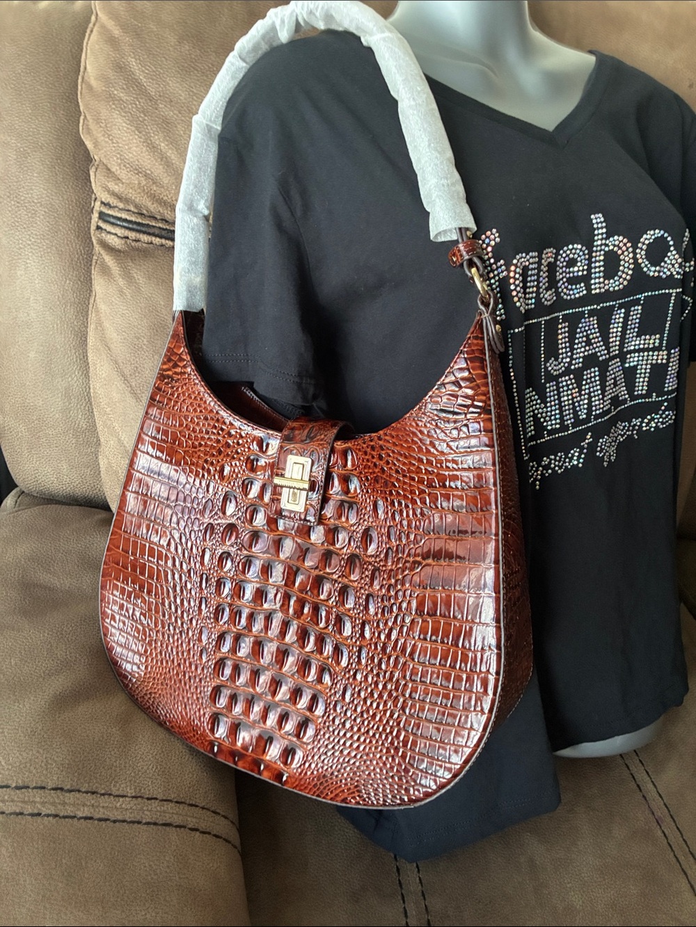 Brahmin Glossy Croc-Embossed Chocolate Shoulder Bag